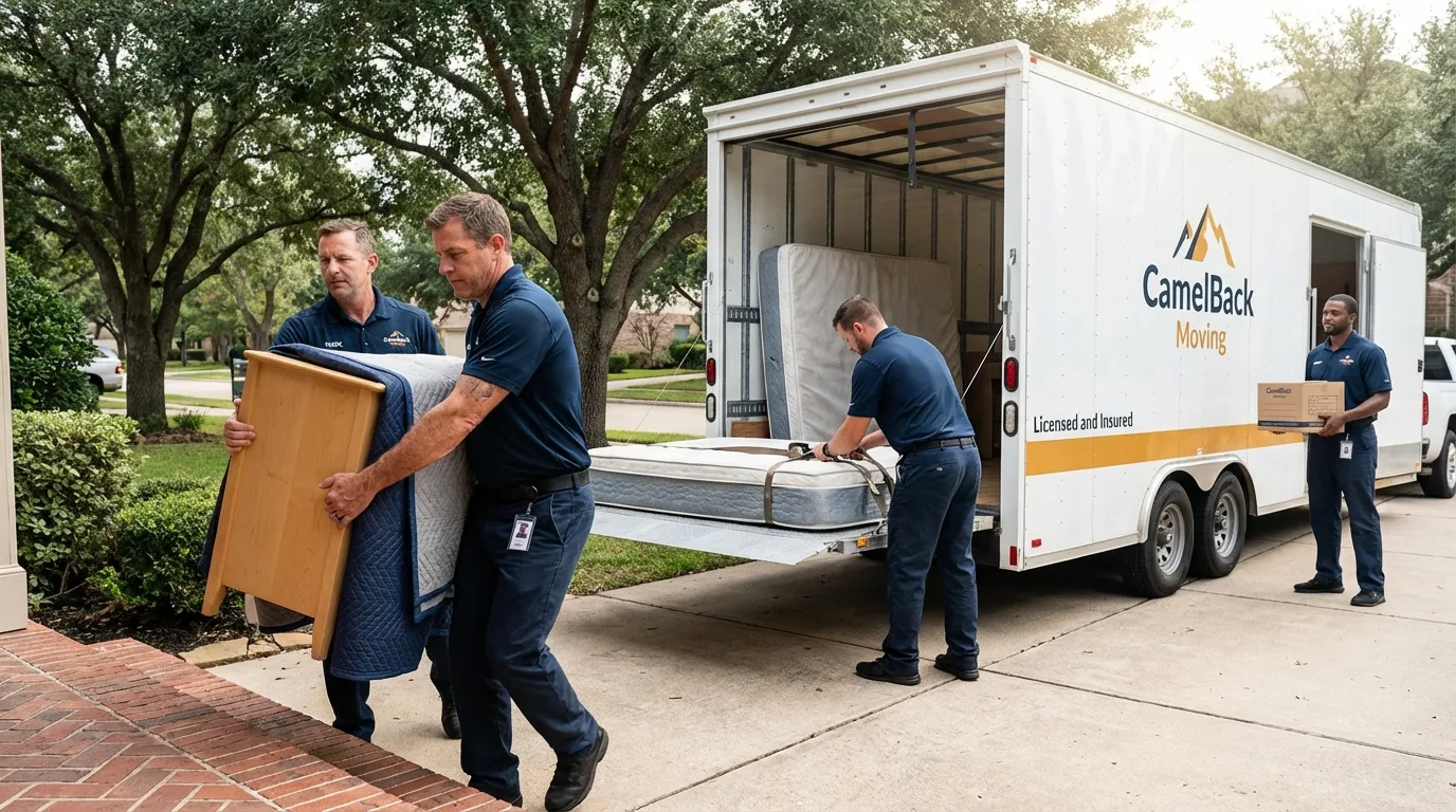 Crew loading residential truck for cross-state move from Blackfoot, ID
