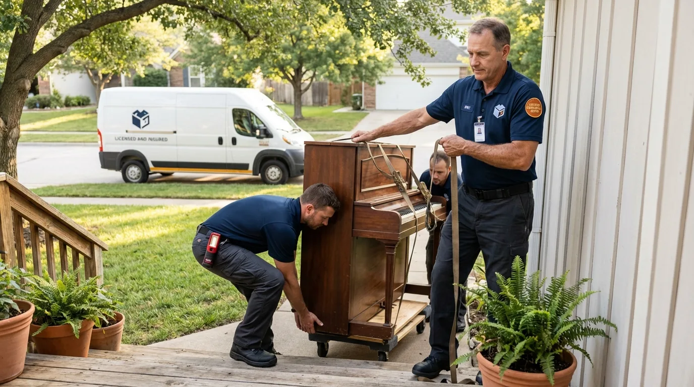Licensed piano movers securing grand piano in Blackfoot, ID