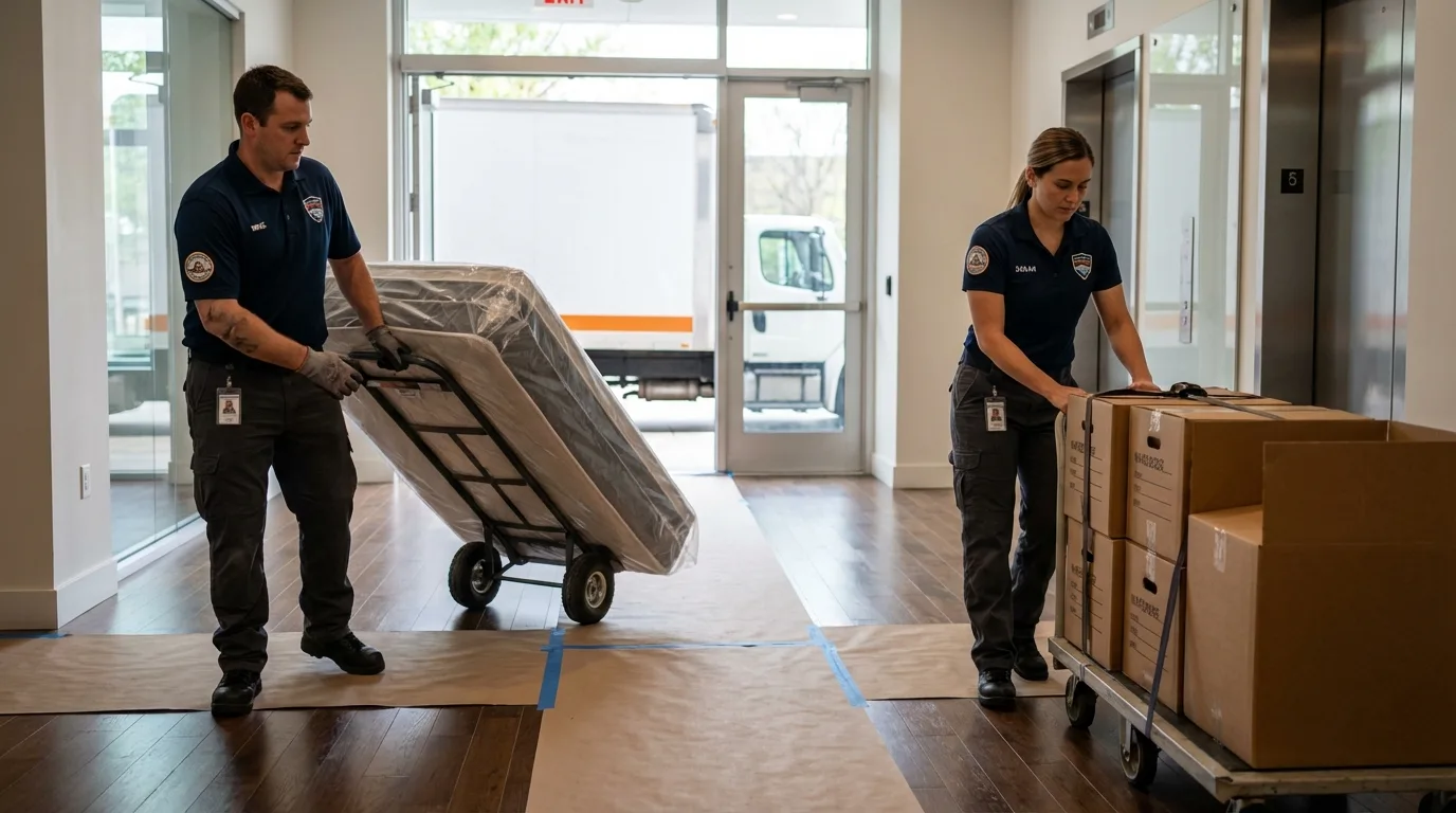 Professional apartment movers loading elevator in Blackfoot, ID